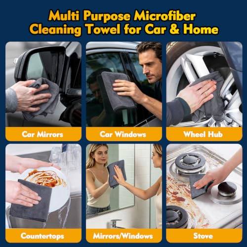 HOMEXCEL Microfiber Cleaning Cloth 12 Pack, 12.5 x 12.5 inch Microfiber Towels for Cars, Ultra Absorbent Car Washing Cloth, Lint Free Streak Free Cleaning Rags for Car, Kitchen, and Window (Grey)
