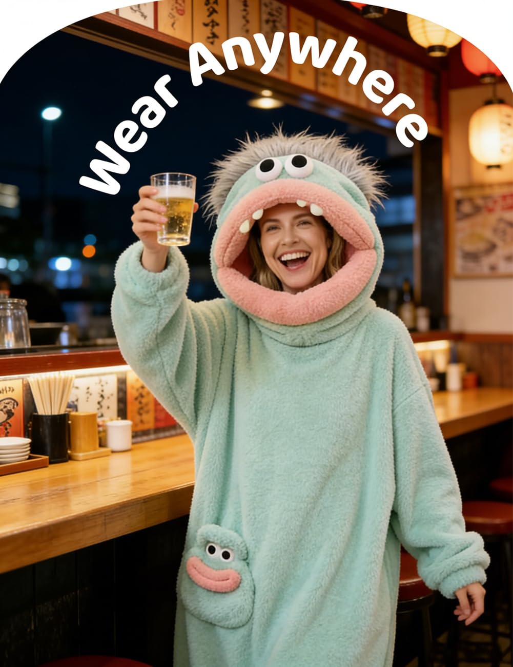 Brrioe Funny Big Mouth Monster Onesie Pajamas with Large Comb – Oversized Plush Fleece Hooded One Piece for Sleep & Party