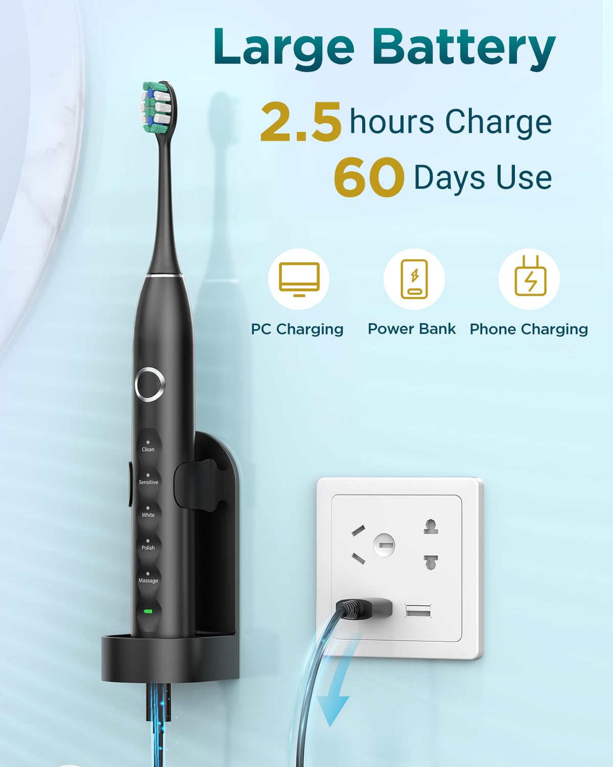 Ultrasonic Electric Toothbrush for Adults - MISSCOZY Reachargeable Electric Toothbrush with 8 Brush Heads, Travling Case, 5 Modes & Smart Timer, Ultra Sonic Toothbrush for 99% removing plaque
