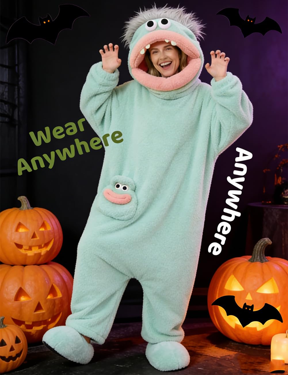 Brrioe Funny Big Mouth Monster Onesie Pajamas with Large Comb – Oversized Plush Fleece Hooded One Piece for Sleep & Party