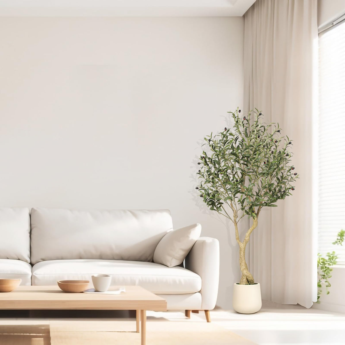 Realead Olive Trees Artificial Indoor, Tall Faux Olive Tree White Tall Planter, Large Fake Olive Tree in Pot with Natural Wood Trunk and Lifelike Fruits for Home Office Decor