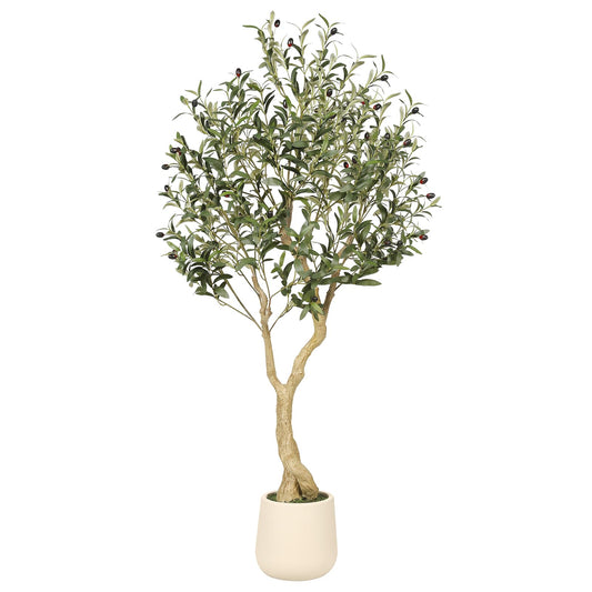 Realead Olive Trees Artificial Indoor, Tall Faux Olive Tree White Tall Planter, Large Fake Olive Tree in Pot with Natural Wood Trunk and Lifelike Fruits for Home Office Decor
