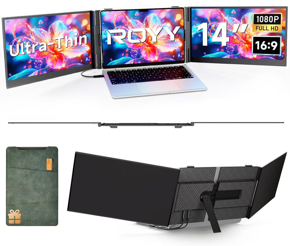 ROYY 14"/15.6"/16" Laptop Screen Extender, 1080P FHD IPS/2.5K Portable Monitor