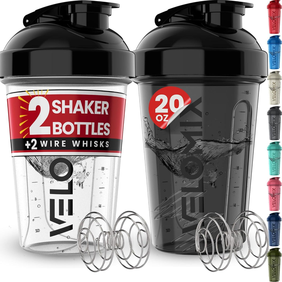 VELOMIX 2 Pack 20oz Protein Shaker Bottle for Protein Mixes