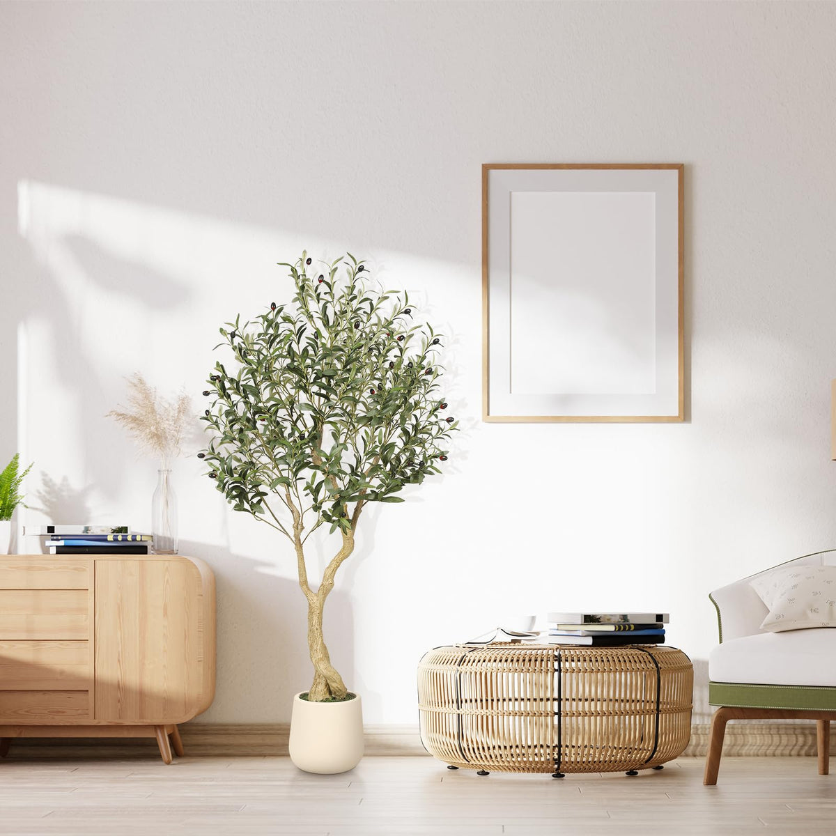 Realead Olive Trees Artificial Indoor, Tall Faux Olive Tree White Tall Planter, Large Fake Olive Tree in Pot with Natural Wood Trunk and Lifelike Fruits for Home Office Decor