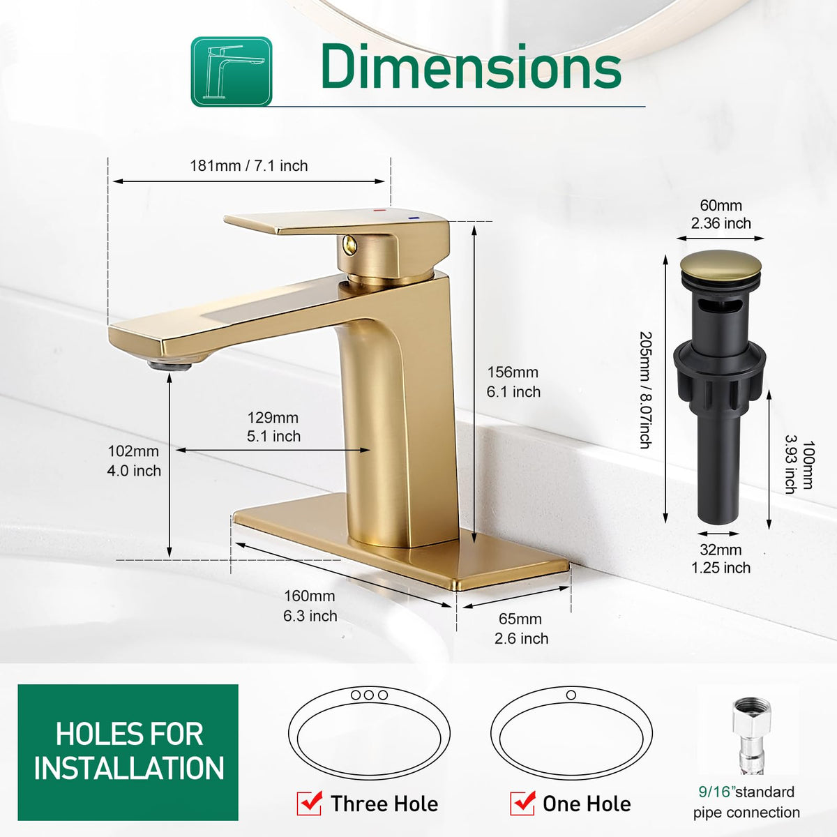 Brushed Nickel Bathroom Faucet Single Handle Bathroom Faucet 1 or 3 Hole Bathroom Sink Faucet with Deck Plate RV Bathroom Faucet 1.2 GPM