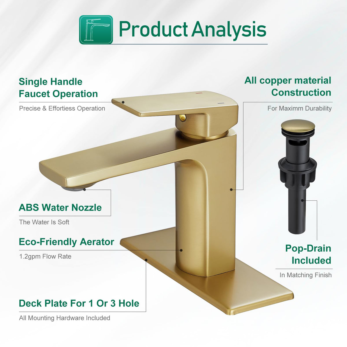 Brushed Nickel Bathroom Faucet Single Handle Bathroom Faucet 1 or 3 Hole Bathroom Sink Faucet with Deck Plate RV Bathroom Faucet 1.2 GPM