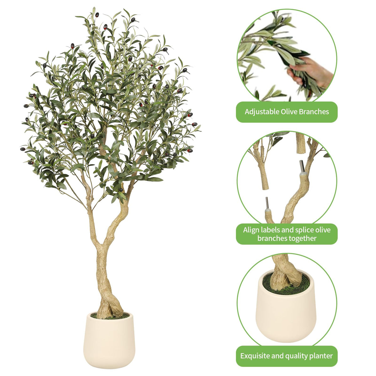 Realead Olive Trees Artificial Indoor, Tall Faux Olive Tree White Tall Planter, Large Fake Olive Tree in Pot with Natural Wood Trunk and Lifelike Fruits for Home Office Decor