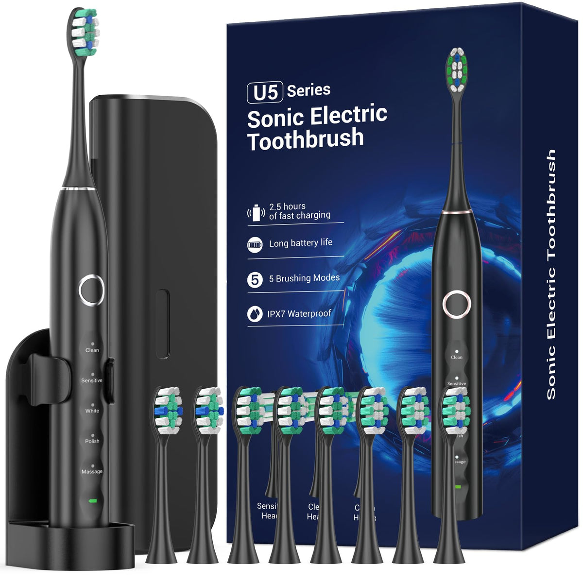 Ultrasonic Electric Toothbrush for Adults - MISSCOZY Reachargeable Electric Toothbrush with 8 Brush Heads, Travling Case, 5 Modes & Smart Timer, Ultra Sonic Toothbrush for 99% removing plaque