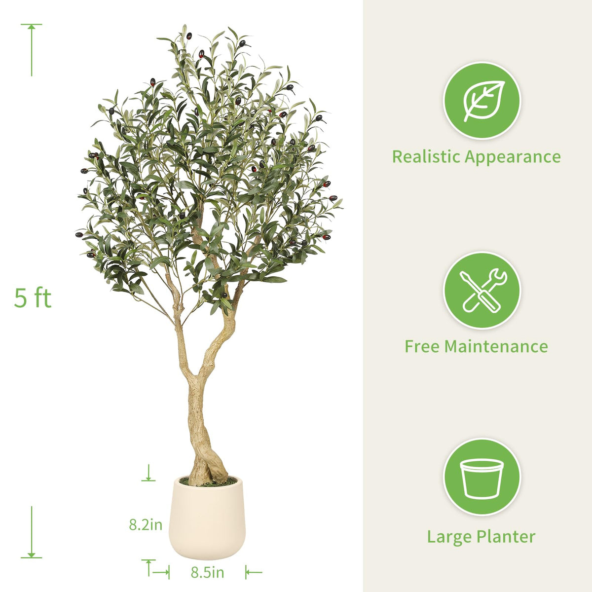 Realead Olive Trees Artificial Indoor, Tall Faux Olive Tree White Tall Planter, Large Fake Olive Tree in Pot with Natural Wood Trunk and Lifelike Fruits for Home Office Decor