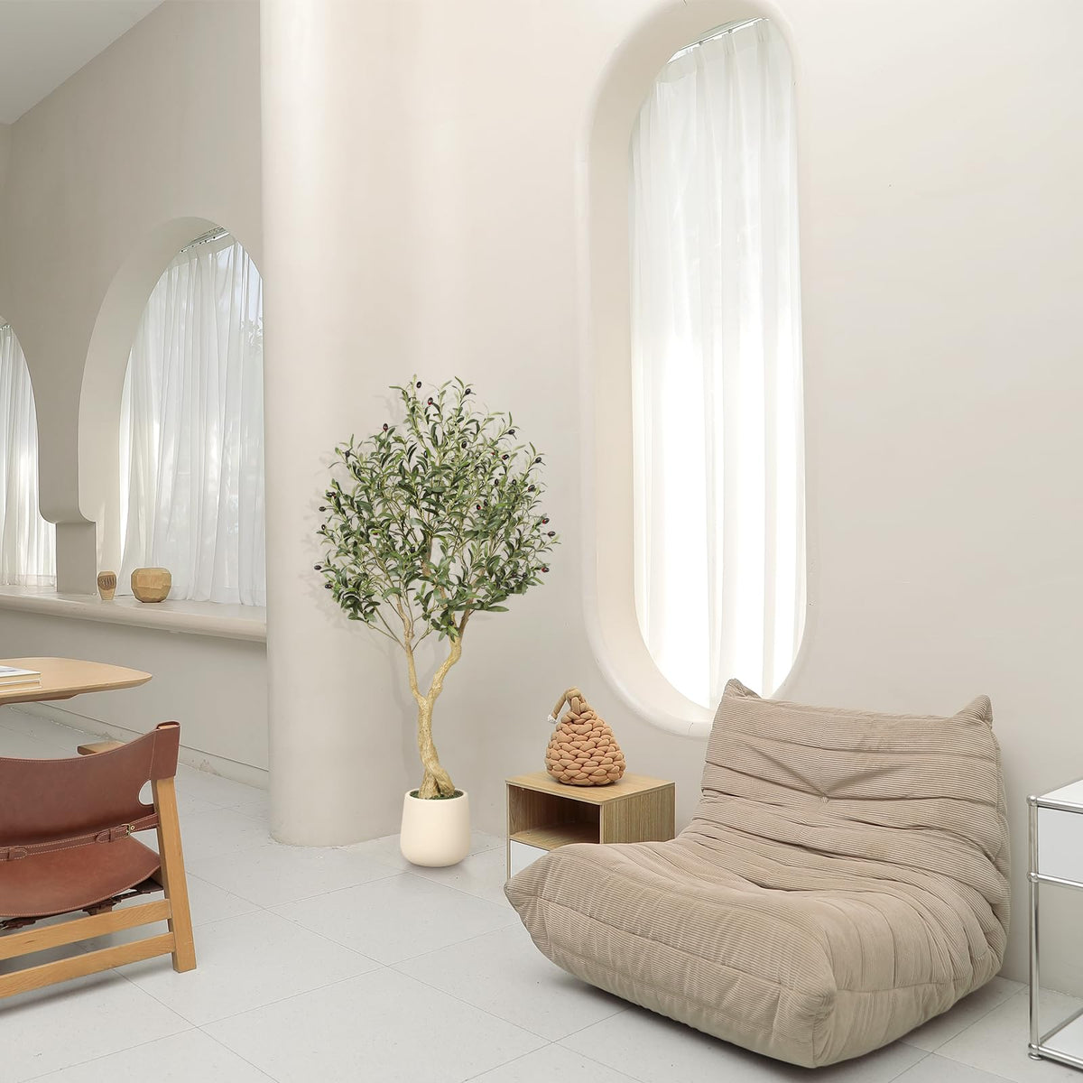 Realead Olive Trees Artificial Indoor, Tall Faux Olive Tree White Tall Planter, Large Fake Olive Tree in Pot with Natural Wood Trunk and Lifelike Fruits for Home Office Decor