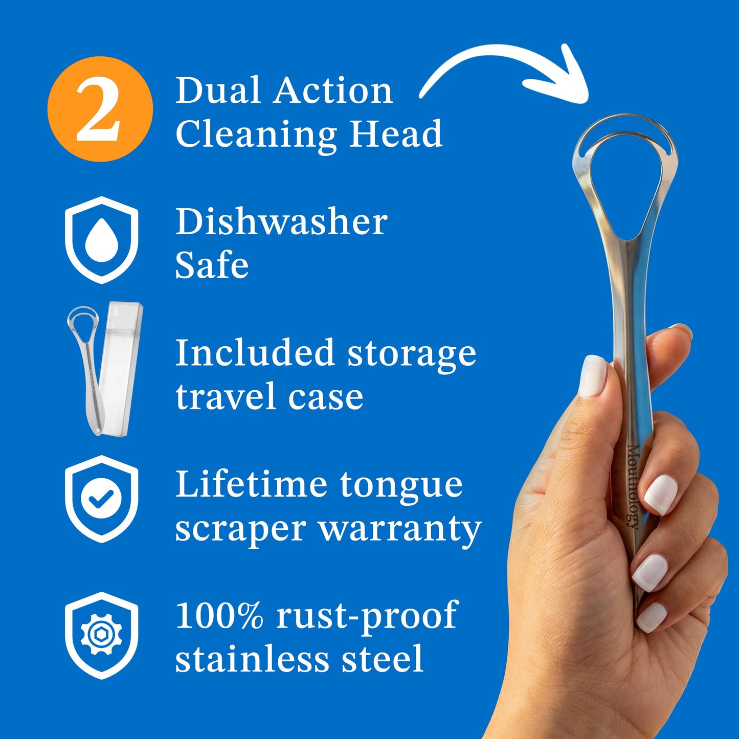 Mouthology Tongue Scraper for Adults – Stainless Steel Tongue Cleaner with Travel Case