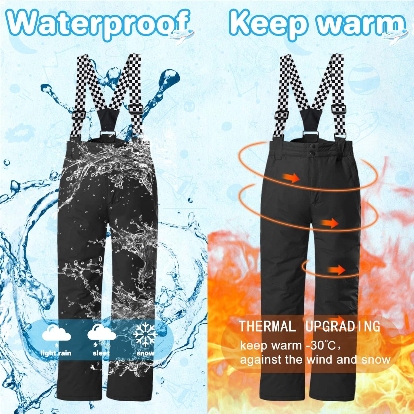Kid's Snow Bib Pants Winter Waterproof Windproof Ski Pants Insulated Snowboard Overalls for Boys Girls(Black,14）