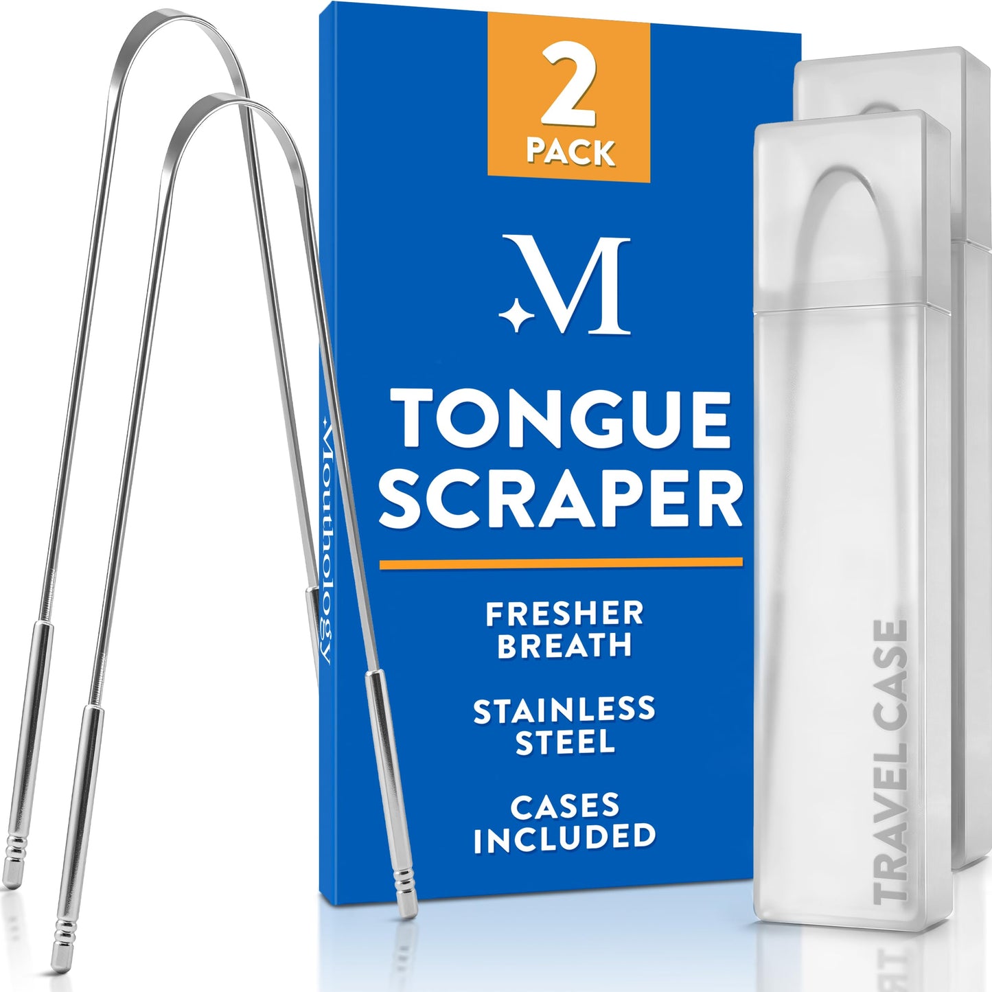 Mouthology Tongue Scraper for Adults – Stainless Steel Tongue Cleaner with Travel Case