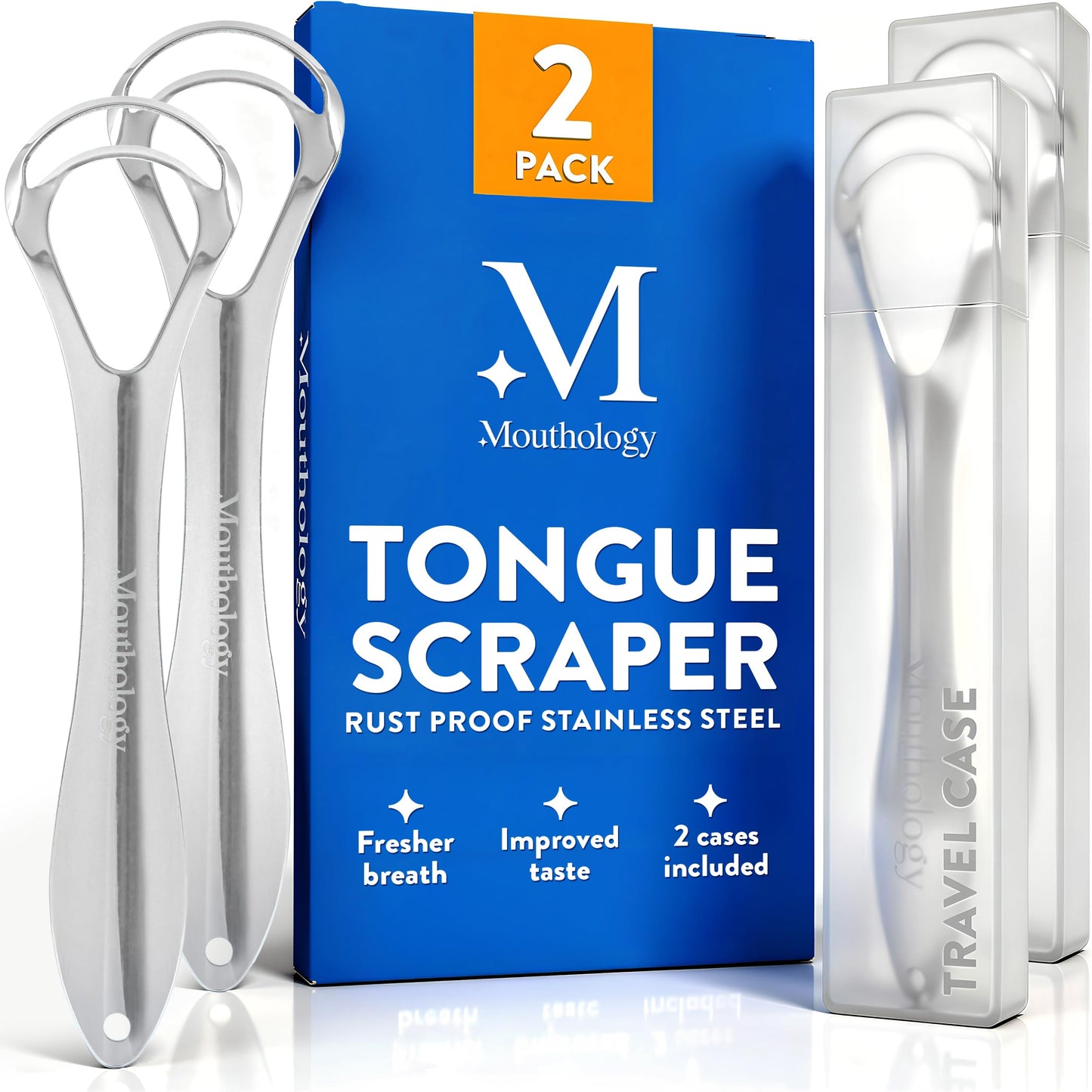 Mouthology Tongue Scraper for Adults – Stainless Steel Tongue Cleaner with Travel Case