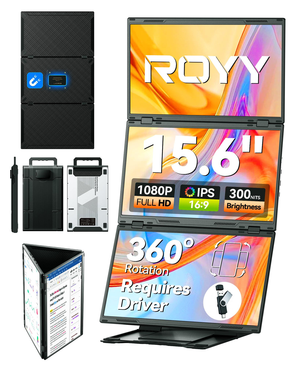 ROYY 14"/15.6"/16" Laptop Screen Extender, 1080P FHD IPS/2.5K Portable Monitor