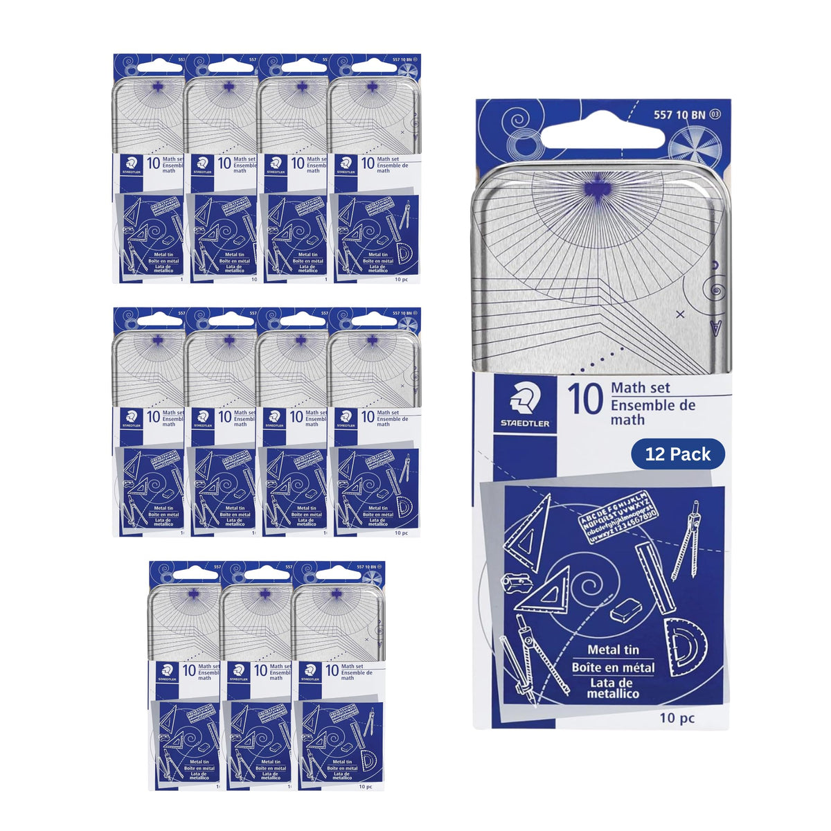 STAEDTLER 10-Piece Math Set with Metal Compass, 6" Ruler & Triangle Squares, 45° & 30/60° Set Squares, Alphabet Stencil - Measuring Tools