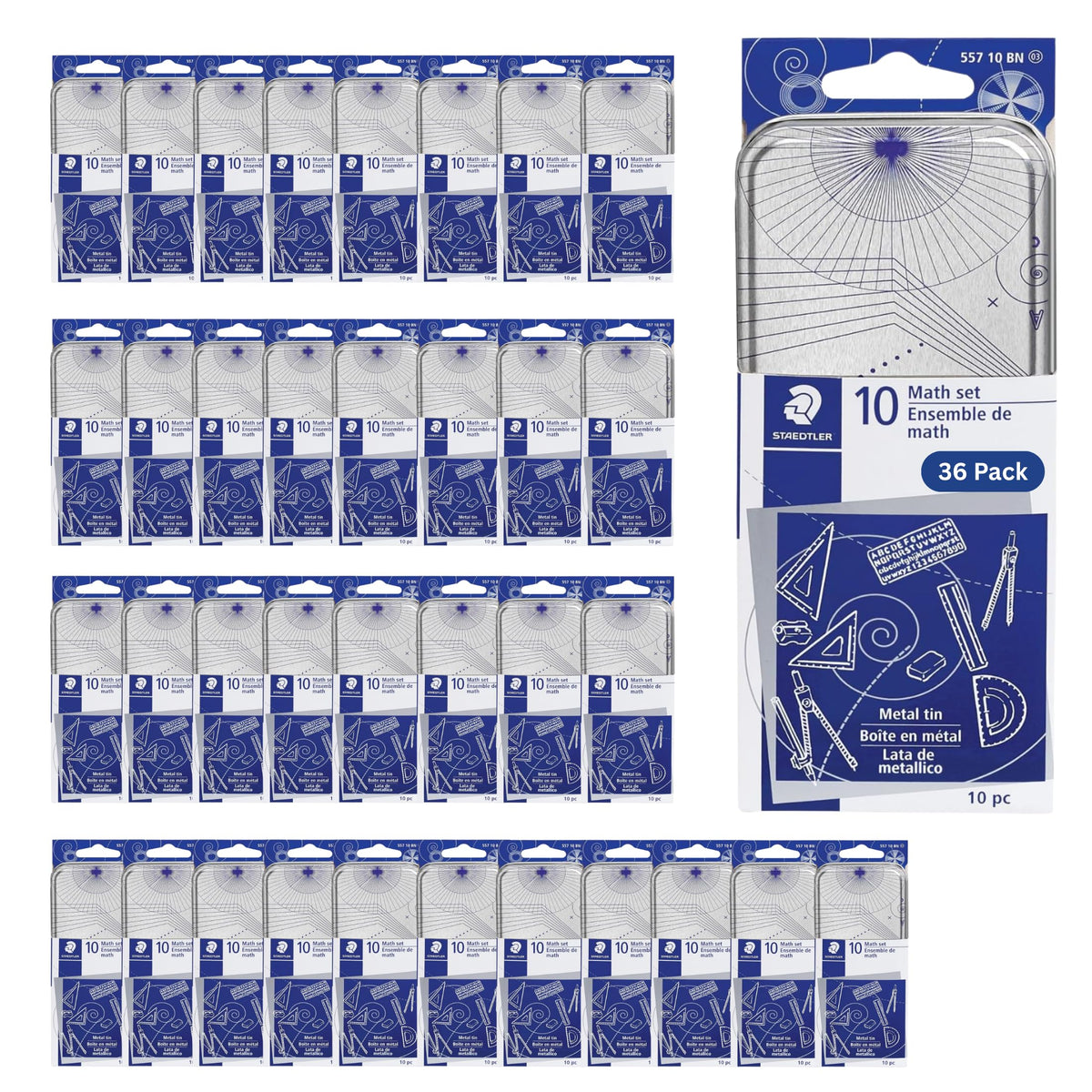 STAEDTLER 10-Piece Math Set with Metal Compass, 6" Ruler & Triangle Squares, 45° & 30/60° Set Squares, Alphabet Stencil - Measuring Tools