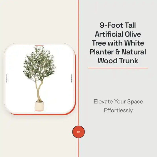 9-Foot Tall Artificial Olive Tree with White Planter &amp; Natural Wood Trunk by@Outfy
